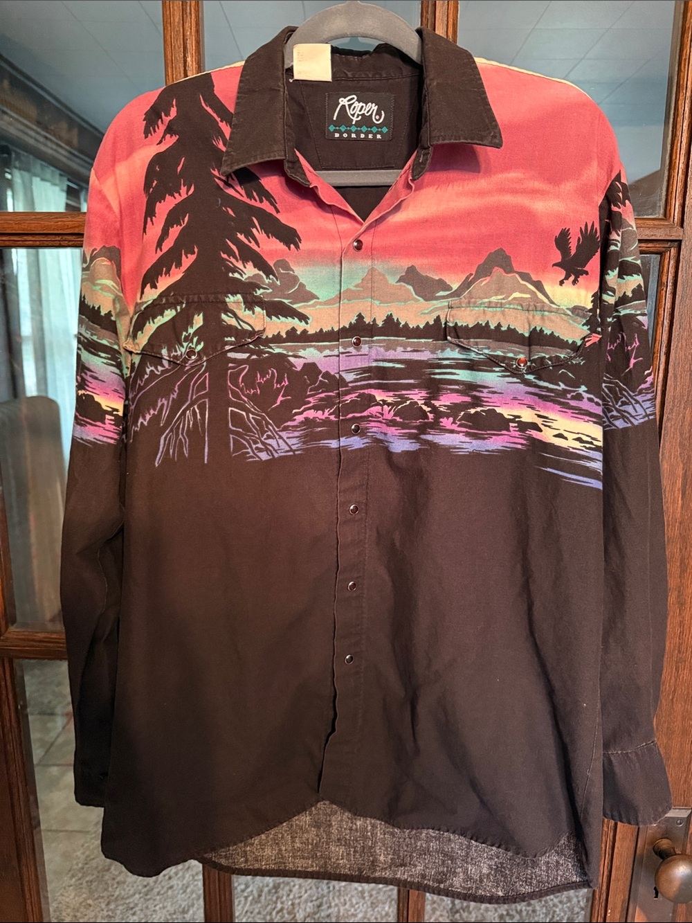 Roper Black Button-Down Shirt with Coral Purple Teal Sunset Print